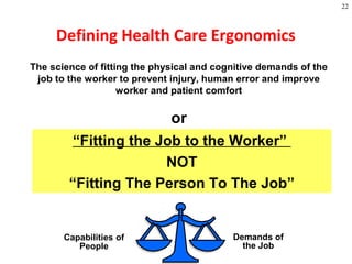 22
Defining Health Care Ergonomics
The science of fitting the physical and cognitive demands of the
job to the worker to prevent injury, human error and improve
worker and patient comfort
or
Capabilities of
People
Demands of
the Job
“Fitting the Job to the Worker”
NOT
“Fitting The Person To The Job”
 