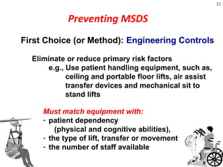 23
First Choice (or Method): Engineering Controls
Eliminate or reduce primary risk factors
e.g., Use patient handling equipment, such as,
ceiling and portable floor lifts, air assist
transfer devices and mechanical sit to
stand lifts
Must match equipment with:
- patient dependency
(physical and cognitive abilities),
- the type of lift, transfer or movement
- the number of staff available
Preventing MSDS
 