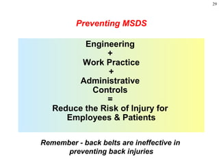 29
Preventing MSDS
Engineering
+
Work Practice
+
Administrative
Controls
=
Reduce the Risk of Injury for
Employees & Patients
Remember - back belts are ineffective in
preventing back injuries
 