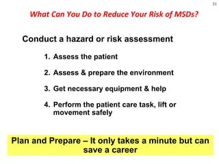 31
Conduct a hazard or risk assessment
1. Assess the patient
2. Assess & prepare the environment
3. Get necessary equipment & help
4. Perform the patient care task, lift or
movement safely
What Can You Do to Reduce Your Risk of MSDs?
Plan and Prepare – It only takes a minute but can
save a career
 