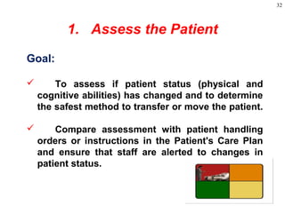32
1. Assess the Patient
Goal:
 To assess if patient status (physical and
cognitive abilities) has changed and to determine
the safest method to transfer or move the patient.
 Compare assessment with patient handling
orders or instructions in the Patient's Care Plan
and ensure that staff are alerted to changes in
patient status.
 