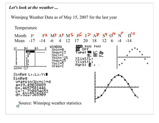 Let's look at the weather ...

 Winnipeg Weather Data as of May 15, 2007 for the last year

   Temperature
   Month J    F MAM      J                  J   A    SO       N   D
   Mean -17 -14 -6 4 12 17                 20   18   12 6     -4 -14




     Source: Winnipeg weather statistics