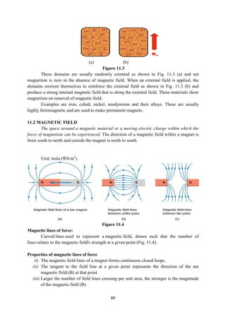 89
(a) (b)
Figure 11.3
These domains are usually randomly oriented as shown in Fig. 11.3 (a) and net
magnetism is zero in the absence of magnetic field. When an external field is applied, the
domains reorient themselves to reinforce the external field as shown in Fig. 11.3 (b) and
produce a strong internal magnetic field that is along the external field. These materials show
magnetism on removal of magnetic field.
Examples are iron, cobalt, nickel, neodymium and their alloys. These are usually
highly ferromagnetic and are used to make permanent magnets.
11.2 MAGNETIC FIELD
The space around a magnetic material or a moving electric charge within which the
force of magnetism can be experienced. The direction of a magnetic field within a magnet is
from south to north and outside the magnet is north to south.
Unit: tesla (Wb/m2
)
Figure 11.4
Magnetic lines of force:
Curved lines used to represent a magnetic field, drawn such that the number of
lines relates to the magnetic field's strength at a given point (Fig. 11.4).
Properties of magnetic lines of force
(i) The magnetic field lines of a magnet forms continuous closed loops.
(ii) The tangent to the field line at a given point represents the direction of the net
magnetic field (B) at that point.
(iii) Larger the number of field lines crossing per unit area, the stronger is the magnitude
of the magnetic field (B).
 