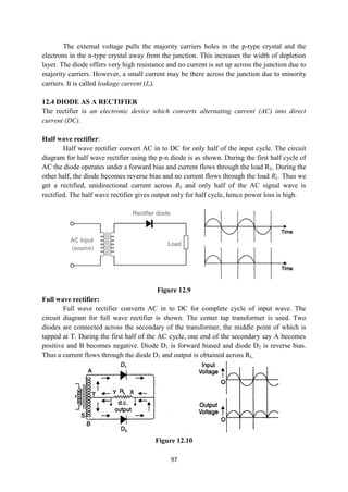 97
The external voltage pulls the majority carriers holes in the p-type crystal and the
electrons in the n-type crystal away from the junction. This increases the width of depletion
layer. The diode offers very high resistance and no current is set up across the junction due to
majority carriers. However, a small current may be there across the junction due to minority
carriers. It is called leakage current (Is).
12.4 DIODE AS A RECTIFIER
The rectifier is an electronic device which converts alternating current (AC) into direct
current (DC).
Half wave rectifier:
Half wave rectifier convert AC in to DC for only half of the input cycle. The circuit
diagram for half wave rectifier using the p-n diode is as shown. During the first half cycle of
AC the diode operates under a forward bias and current flows through the load RL. During the
other half, the diode becomes reverse bias and no current flows through the load RL. Thus we
get a rectified, unidirectional current across RL and only half of the AC signal wave is
rectified. The half wave rectifier gives output only for half cycle, hence power loss is high.
Figure 12.9
Full wave rectifier:
Full wave rectifier converts AC in to DC for complete cycle of input wave. The
circuit diagram for full wave rectifier is shown. The center tap transformer is used. Two
diodes are connected across the secondary of the transformer, the middle point of which is
tapped at T. During the first half of the AC cycle, one end of the secondary say A becomes
positive and B becomes negative. Diode D1 is forward biased and diode D2 is reverse bias.
Thus a current flows through the diode D1 and output is obtained across RL.
Figure 12.10
 