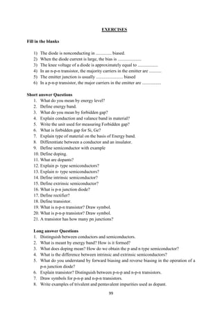 99
EXERCISES
Fill in the blanks
1) The diode is nonconducting in .............. biased.
2) When the diode current is large, the bias is .....................
3) The knee voltage of a diode is approximately equal to ..................
4) In an n-p-n transistor, the majority carriers in the emitter are ...........
5) The emitter junction is usually ........................ biased
6) In a p-n-p transistor, the major carriers in the emitter are .................
Short answer Questions
1. What do you mean by energy level?
2. Define energy band.
3. What do you mean by forbidden gap?
4. Explain conduction and valance band in material?
5. Write the unit used for measuring Forbidden gap?
6. What is forbidden gap for Si, Ge?
7. Explain type of material on the basis of Energy band.
8. Differentiate between a conductor and an insulator.
9. Define semiconductor with example
10. Define doping.
11. What are dopants?
12. Explain p- type semiconductors?
13. Explain n- type semiconductors?
14. Define intrinsic semiconductor?
15. Define extrinsic semiconductor?
16. What is p-n junction diode?
17. Define rectifier?
18. Define transistor.
19. What is n-p-n transistor? Draw symbol.
20. What is p-n-p transistor? Draw symbol.
21. A transistor has how many pn junctions?
Long answer Questions
1. Distinguish between conductors and semiconductors.
2. What is meant by energy band? How is it formed?
3. What does doping mean? How do we obtain the p and n type semiconductor?
4. What is the difference between intrinsic and extrinsic semiconductors?
5. What do you understand by forward biasing and reverse biasing in the operation of a
p-n junction diode?
6. Explain transistor? Distinguish between p-n-p and n-p-n transistors.
7. Draw symbols for p-n-p and n-p-n transistors.
8. Write examples of trivalent and pentavalent impurities used as dopant.
 