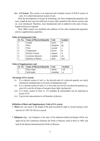 3
(iv) S.I System: This system is an improved and extended version of M.K.S system of
units. It is called international system of unit.
With the development of science & technology, the three fundamental quantities like
mass, length & time were not sufficient as many other quantities like electric current, heat
etc. were introduced. Therefore, more fundamental units in addition to the units of mass,
length and time are required.
Thus, MKS system was modified with addition of four other fundamental quantities
and two supplementary quantities.
Table of Fundamental Units
Sr. No. Name of Physical Quantity Unit Symbol
1
2
3
4
5
6
7
Length
Mass
Time
Temperature
Electric Current
Luminous Intensity
Quantity of Matter
metre
kilogram
second
kelvin
ampere
candela
mole
m
kg
s
K
A
cd
mol
Table of Supplementary unit
Sr. No Name of Physical Quantity Unit Symbol
1
2
Plane angle
Solid angle
radian
steradian
rad
sr
Advantage of S.I. system:
(i) It is coherent system of unit i.e. the derived units of a physical quantity are easily
obtained by multiplication or division of fundamental units.
(ii) It is a rational system of units i.e. it uses only one unit for one physical quantity e.g.
joule (J) is unit for all types of energies (heat, light, mechanical).
(iii) It is metric system of units i.e. it‟s multiples & submultiples can be expressed in
power of 10.
(iv) It gives due representation to all branches of physics.
Definition of Basic and Supplementary Units of S.I. system
1. Metre (m): one metre is the length of the path travelled by light in vacuum during a time
interval of 1/299 792 458 of a second.
2. Kilogram (kg) : one kilogram is the mass of the platinum-iridium prototype which was
approved by the Conférence Générale des Poids et Mesures, held in Paris in 1889, and
kept by the Bureau International des Poids et Mesures.
 