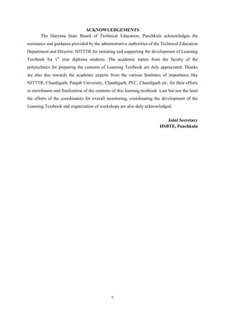 c
ACKNOWLEDGEMENTS
The Haryana State Board of Technical Education, Panchkula acknowledges the
assistance and guidance provided by the administrative authorities of the Technical Education
Department and Director, NITTTR for initiating and supporting the development of Learning
Textbook for 1st
year diploma students. The academic inputs from the faculty of the
polytechnics for preparing the contents of Learning Textbook are duly appreciated. Thanks
are also due towards the academic experts from the various Institutes of importance like
NITTTR, Chandigarh; Panjab University, Chandigarh; PEC, Chandigarh etc. for their efforts
in enrichment and finalization of the contents of this learning textbook. Last but not the least
the efforts of the coordinators for overall monitoring, coordinating the development of the
Learning Textbook and organization of workshops are also duly acknowledged.
Joint Secretary
HSBTE, Panchkula
 