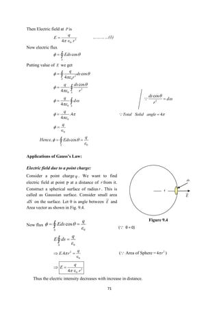 71
Then Electric field at P is
2
0
4
q
E
r



…………(1)
Now electric flux
cos
S
Eds
 
 

Putting value of E we get
2
0
cos
4
S
q
ds
r
 

 

2
0
cos
4 S
q ds
r



 

0
4 S
q
d
 

 

0
.4
4
q
 

 4
Total Solid angle 


0
q
 

Hence,
0
cos
S
q
Eds
 

 


Applications of Gauss’s Law:
Electric field due to a point charge:
Now flux
0
cos
S
q
Eds
 

 


0
S
q
E ds




2
0
.4
q
E r

 

( Area of Sphere = 2
4 r
 )
2
0
4
q
E
r

 

Thus the electric intensity decreases with increase in distance.
2
cos
ds
d
r




is Small Solid Angle
ds
E

r
Consider a point charge q . We want to find
electric field at point P at a distance of r from it.
Construct a spherical surface of radius r . This is
called as Gaussian surface. Consider small area
dS on the surface. Let θ is angle between E

and
Area vector as shown in Fig. 9.4.
.
( θ = 0)
Figure 9.4
 