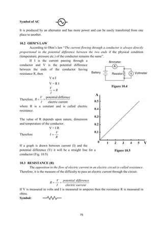 79
Symbol of AC
It is produced by an alternator and has more power and can be easily transferred from one
place to another.
10.2 OHM’S LAW
According to Ohm‟s law “The current flowing through a conductor is always directly
proportional to the potential difference between the two ends if the physical condition
(temperature, pressure etc.) of the conductor remains the same”.
If I is the current passing through a
conductor and V is the potential difference
between the ends of the conductor having
resistance R, then
V α I
V = R I
V
R
I

Therefore,
V
R
I
 =
potential differnce
electric current
where R is a constant and is called electric
resistance.
The value of R depends upon nature, dimension
and temperature of the conductor.
V = I R
Therefore
V
I
R

If a graph is drawn between current (I) and the
potential difference (V) it will be a straight line for a
conductor (Fig. 10.5).
10.3 RESISTANCE (R)
The opposition to the flow of electric current in an electric circuit is called resistance.
Therefore, it is the measure of the difficulty to pass an electric current through the circuit.
c
V potential difference
R
I electric urrent
 
If V is measured in volts and I is measured in amperes then the resistance R is measured in
ohms.
Symbol:
Figure 10.5
Figure 10.4
 