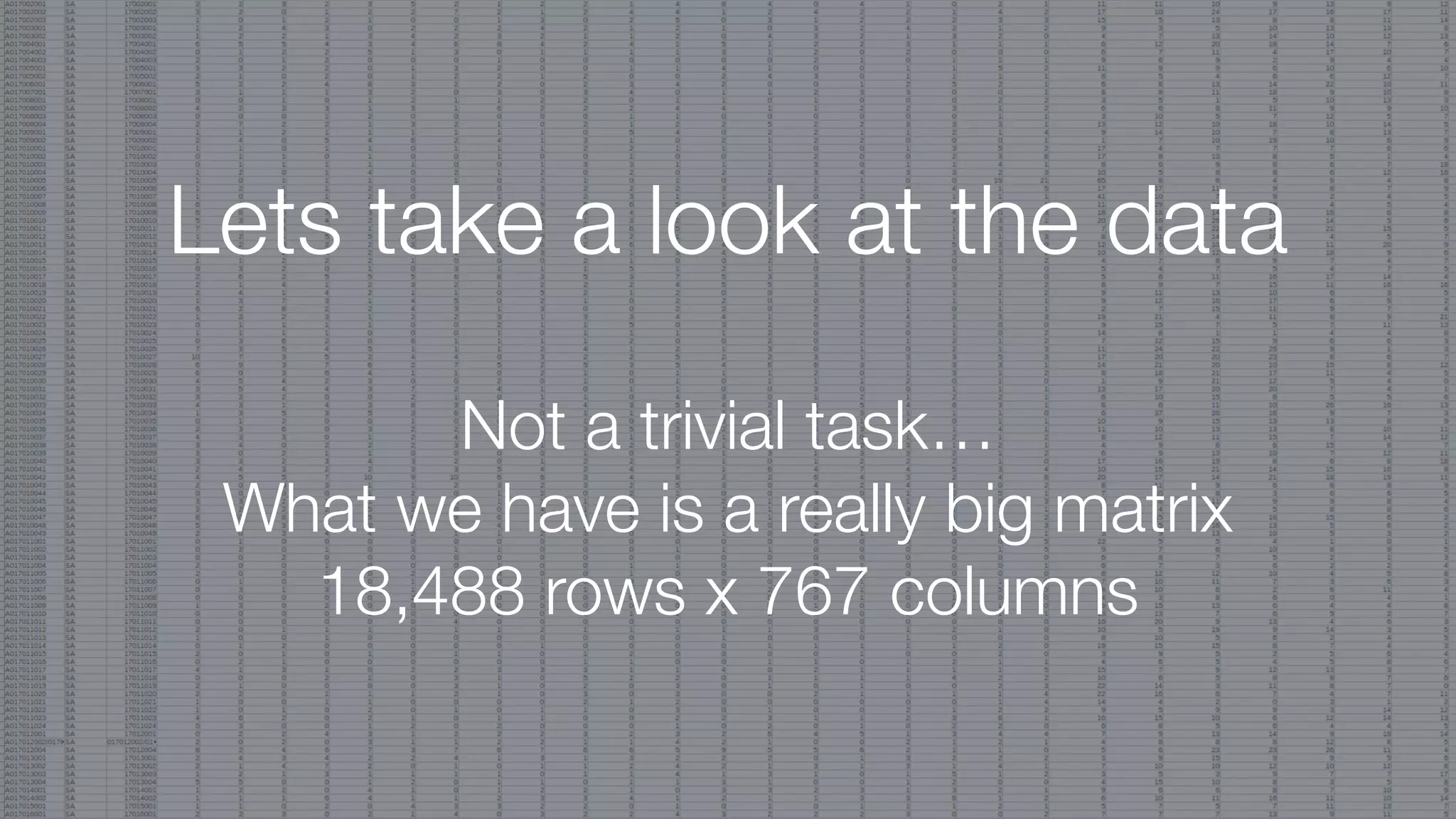 Lets take a look at the data
Not a trivial task…
What we have is a really big matrix
18,488 rows x 767 columns
 