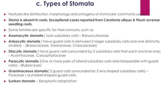 c. Types of Stomata
 Features like distribution, morphology and ontogeny of stoma are commonly used.
 Stoma is absent in roots. Exceptional cases reported from Ceratonia siliqua & Pisum arvense
seedling roots.
 Some families are specific for their stomata, such as
 Anomocytic stomata ( lack subsidiary cell) – Ranunculaceae
 Anisocytic stomata ( have guard cells in between2 larger subsidiary cells and one distinctly
smaller) - (Brassicaceae, Solanaceae, Crassulaceae)
 Diacytic stomata ( have guard cells surrounded by 2 subsidiary cells that each encircle one)
- Acanthaceae, Caryophyllaceae
 Paracytic stomata (One or more pairs of lateral subsidiary cells oriented parallel with guard
cells) – (Rubiaceae)
 Graminaceous stomata( 2 guard cells surrounded by 2 lens shaped subsidiary cells) –
Poaceae ( dumbbell shaped guard cells.
 Sunken stomata – Xerophytic adaptation
 