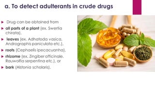 a. To detect adulterants in crude drugs
 Drug can be obtained from
 all parts of a plant (ex. Swertia
chirata),
 leaves (ex. Adhatoda vasica,
Andrographis paniculata etc.),
 roots (Cephaelis ipecacuanha),
 rhizome (ex. Zingiber officinale,
Rauwolfia serpentina etc.), or
 bark (Alstonia scholaris).
 