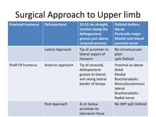 Surgical Approach to Upper limb
Proximal Humerus Deltopectoral 10-15 cm straight
incision along the
deltopectoral
groove just above
coracoid process
Deltoid Axillary
Nerve
Pectoralis major
Medial and lateral
pectoral nerve
Lateral Approach Tip of acromian to
lateral aspect of
Forearm
No intramuscular
plain
split Deltoid
Shaft Of humerus Anterior approach Tip of coracoid,
deltopectoral
groove to lateral
arm along lateral
border of biceps
Proximal as above
distal
Medial
Brachioradialis :
Musculocutaneous
lateral
Brachioradialis :
Radial nerve
Post Approach 8 cm below
acromian to
olecranon fossa
No IMP split Deltoid
 
