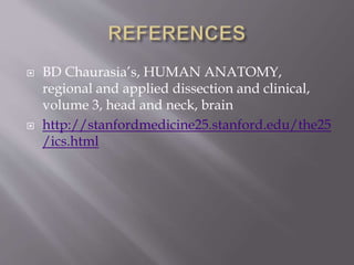  BD Chaurasia’s, HUMAN ANATOMY,
regional and applied dissection and clinical,
volume 3, head and neck, brain
 http://stanfordmedicine25.stanford.edu/the25
/ics.html
 