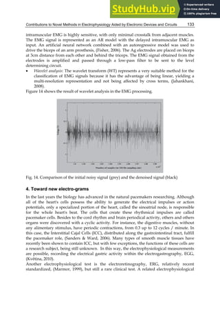 Contributions to Novel Methods in Electrophysiology Aided by Electronic Devices and Circuits 133
intramuscular EMG is highly sensitive, with only minimal crosstalk from adjacent muscles.
The EMG signal is represented as an AR model with the delayed intramuscular EMG as
input. An artificial neural network combined with an autoregressive model was used to
drive the biceps of an arm prosthesis, (Fisher, 2006). The Ag electrodes are placed on biceps
at 3cm distance from each other and behind the triceps. The EMG signal obtained from the
electrodes is amplified and passed through a low-pass filter to be sent to the level
determining circuit.
• Wavelet analysis: The wavelet transform (WT) represents a very suitable method for the
classification of EMG signals because it has the advantage of being linear, yielding a
multi-resolution representation and not being affected by cross terms, (Jahankhani,
2008).
Figure 14 shows the result of wavelet analysis in the EMG processing.
Fig. 14. Comparison of the initial noisy signal (grey) and the denoised signal (black)
4. Toward new electro-grams
In the last years the biology has advanced in the natural pacemakers researching. Although
all of the heart's cells possess the ability to generate the electrical impulses or action
potentials, only a specialized portion of the heart, called the sinoatrial node, is responsible
for the whole heart's beat. The cells that create these rhythmical impulses are called
pacemaker cells. Besides to the cord rhythm and brain periodical activity, others and others
organs were discovered with a cyclic activity. For instance, the digestive muscles, without
any alimentary stimulus, have periodic contractions, from 0.3 up to 12 cycles / minute. In
this case, the Interstitial Cajal Cells (ICC), distributed along the gastrointestinal tract, fulfill
the pacemaker role, (Sanders & Ward, 2006). Many types of smooth muscle tissues have
recently been shown to contain ICC, but with few exceptions, the functions of these cells are
a research subject, being still unknown. In this way, the electrophysiological measurements
are possible, recording the electrical gastric activity within the electrogastrography, EGG,
(Květina, 2010).
Another electrophysiological test is the electroretinography, ERG, relatively recent
standardized, (Marmor, 1999), but still a rare clinical test. A related electrophysiological
 