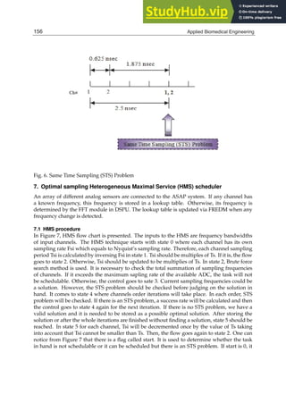 16 Will-be-set-by-IN-TECH
Fig. 6. Same Time Sampling (STS) Problem
7. Optimal sampling Heterogeneous Maximal Service (HMS) scheduler
An array of different analog sensors are connected to the ASAP system. If any channel has
a known frequency, this frequency is stored in a lookup table. Otherwise, its frequency is
determined by the FFT module in DSPU. The lookup table is updated via FREDM when any
frequency change is detected.
7.1 HMS procedure
In Figure 7, HMS ﬂow chart is presented. The inputs to the HMS are frequency bandwidths
of input channels. The HMS technique starts with state 0 where each channel has its own
sampling rate Fsi which equals to Nyquist’s sampling rate. Therefore, each channel sampling
period Tsi is calculated by inversing Fsi in state 1. Tsi should be multiples of Ts. If it is, the ﬂow
goes to state 2. Otherwise, Tsi should be updated to be multiplies of Ts. In state 2, Brute force
search method is used. It is necessary to check the total summation of sampling frequencies
of channels. If it exceeds the maximum sapling rate of the available ADC, the task will not
be schedulable. Otherwise, the control goes to sate 3. Current sampling frequencies could be
a solution. However, the STS problem should be checked before judging on the solution in
hand. It comes to state 4 where channels order iterations will take place. In each order, STS
problem will be checked. If there is an STS problem, a success rate will be calculated and then
the control goes to state 4 again for the next iteration. If there is no STS problem, we have a
valid solution and it is needed to be stored as a possible optimal solution. After storing the
solution or after the whole iterations are ﬁnished without ﬁnding a solution, state 5 should be
reached. In state 5 for each channel, Tsi will be decremented once by the value of Ts taking
into account that Tsi cannot be smaller than Ts. Then, the ﬂow goes again to state 2. One can
notice from Figure 7 that there is a ﬂag called start. It is used to determine whether the task
in hand is not schedulable or it can be scheduled but there is an STS problem. If start is 0, it
156 Applied Biomedical Engineering
 