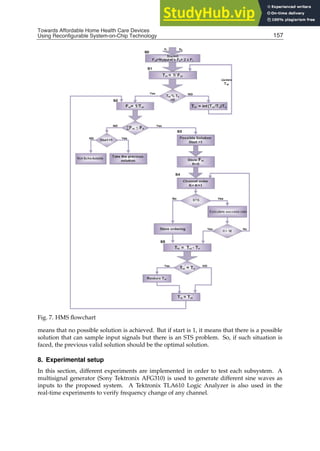 Towards Affordable Home Health
Care Devices Using Reconfigurable System-on-Chip Technology 17
Fig. 7. HMS ﬂowchart
means that no possible solution is achieved. But if start is 1, it means that there is a possible
solution that can sample input signals but there is an STS problem. So, if such situation is
faced, the previous valid solution should be the optimal solution.
8. Experimental setup
In this section, different experiments are implemented in order to test each subsystem. A
multisignal generator (Sony Tektronix AFG310) is used to generate different sine waves as
inputs to the proposed system. A Tektronix TLA610 Logic Analyzer is also used in the
real-time experiments to verify frequency change of any channel.
157
Towards Affordable Home Health Care Devices
Using Reconfigurable System-on-Chip Technology
 
