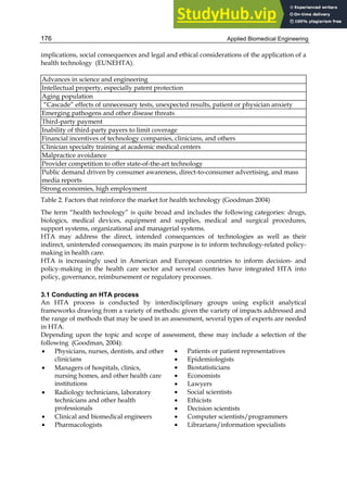 Applied Biomedical Engineering
176
implications, social consequences and legal and ethical considerations of the application of a
health technology (EUNEHTA).
Advances in science and engineering
Intellectual property, especially patent protection
Aging population
“Cascade” effects of unnecessary tests, unexpected results, patient or physician anxiety
Emerging pathogens and other disease threats
Third-party payment
Inability of third-party payers to limit coverage
Financial incentives of technology companies, clinicians, and others
Clinician specialty training at academic medical centers
Malpractice avoidance
Provider competition to offer state-of-the-art technology
Public demand driven by consumer awareness, direct-to-consumer advertising, and mass
media reports
Strong economies, high employment
Table 2. Factors that reinforce the market for health technology (Goodman 2004)
The term “health technology” is quite broad and includes the following categories: drugs,
biologics, medical devices, equipment and supplies, medical and surgical procedures,
support systems, organizational and managerial systems.
HTA may address the direct, intended consequences of technologies as well as their
indirect, unintended consequences; its main purpose is to inform technology-related policy-
making in health care.
HTA is increasingly used in American and European countries to inform decision- and
policy-making in the health care sector and several countries have integrated HTA into
policy, governance, reimbursement or regulatory processes.
3.1 Conducting an HTA process
An HTA process is conducted by interdisciplinary groups using explicit analytical
frameworks drawing from a variety of methods: given the variety of impacts addressed and
the range of methods that may be used in an assessment, several types of experts are needed
in HTA.
Depending upon the topic and scope of assessment, these may include a selection of the
following (Goodman, 2004):
• Physicians, nurses, dentists, and other
clinicians
• Patients or patient representatives
• Epidemiologists
• Managers of hospitals, clinics,
nursing homes, and other health care
institutions
• Biostatisticians
• Economists
• Lawyers
• Radiology technicians, laboratory
technicians and other health
professionals
• Social scientists
• Ethicists
• Decision scientists
• Clinical and biomedical engineers • Computer scientists/programmers
• Pharmacologists • Librarians/information specialists
 