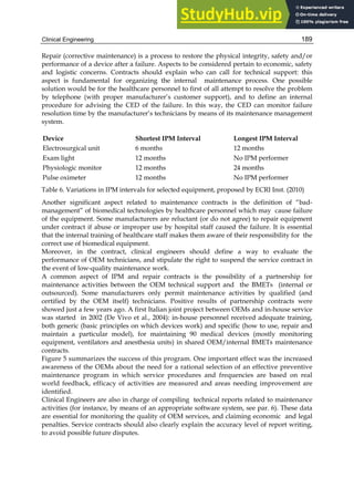 Clinical Engineering 189
Repair (corrective maintenance) is a process to restore the physical integrity, safety and/or
performance of a device after a failure. Aspects to be considered pertain to economic, safety
and logistic concerns. Contracts should explain who can call for technical support: this
aspect is fundamental for organizing the internal maintenance process. One possible
solution would be for the healthcare personnel to first of all attempt to resolve the problem
by telephone (with proper manufacturer’s customer support), and to define an internal
procedure for advising the CED of the failure. In this way, the CED can monitor failure
resolution time by the manufacturer’s technicians by means of its maintenance management
system.
Device Shortest IPM Interval Longest IPM Interval
Electrosurgical unit 6 months 12 months
Exam light 12 months No IPM performer
Physiologic monitor 12 months 24 months
Pulse oximeter 12 months No IPM performer
Table 6. Variations in IPM intervals for selected equipment, proposed by ECRI Inst. (2010)
Another significant aspect related to maintenance contracts is the definition of “bad-
management” of biomedical technologies by healthcare personnel which may cause failure
of the equipment. Some manufacturers are reluctant (or do not agree) to repair equipment
under contract if abuse or improper use by hospital staff caused the failure. It is essential
that the internal training of healthcare staff makes them aware of their responsibility for the
correct use of biomedical equipment.
Moreover, in the contract, clinical engineers should define a way to evaluate the
performance of OEM technicians, and stipulate the right to suspend the service contract in
the event of low-quality maintenance work.
A common aspect of IPM and repair contracts is the possibility of a partnership for
maintenance activities between the OEM technical support and the BMETs (internal or
outsourced). Some manufacturers only permit maintenance activities by qualified (and
certified by the OEM itself) technicians. Positive results of partnership contracts were
showed just a few years ago. A first Italian joint project between OEMs and in-house service
was started in 2002 (De Vivo et al., 2004): in-house personnel received adequate training,
both generic (basic principles on which devices work) and specific (how to use, repair and
maintain a particular model), for maintaining 90 medical devices (mostly monitoring
equipment, ventilators and anesthesia units) in shared OEM/internal BMETs maintenance
contracts.
Figure 5 summarizes the success of this program. One important effect was the increased
awareness of the OEMs about the need for a rational selection of an effective preventive
maintenance program in which service procedures and frequencies are based on real
world feedback, efficacy of activities are measured and areas needing improvement are
identified.
Clinical Engineers are also in charge of compiling technical reports related to maintenance
activities (for instance, by means of an appropriate software system, see par. 6). These data
are essential for monitoring the quality of OEM services, and claiming economic and legal
penalties. Service contracts should also clearly explain the accuracy level of report writing,
to avoid possible future disputes.
 