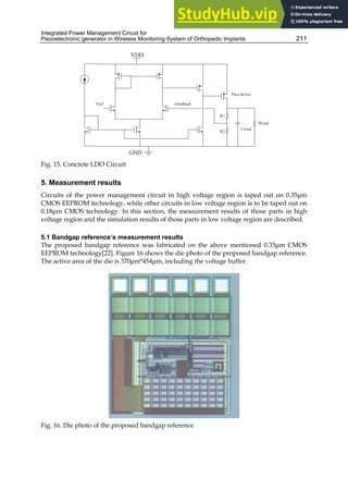 Integrated Power Management Circuit for
Piezoelectronic generator in Wireless Monitoring System of Orthopedic Implants 211
Fig. 15. Concrete LDO Circuit
5. Measurement results
Circuits of the power management circuit in high voltage region is taped out on 0.35μm
CMOS EEPROM technology, while other circuits in low voltage region is to be taped out on
0.18μm CMOS technology. In this section, the measurement results of those parts in high
voltage region and the simulation results of those parts in low voltage region are described.
5.1 Bandgap reference’s measurement results
The proposed bandgap reference was fabricated on the above mentioned 0.35μm CMOS
EEPROM technology[22]. Figure 16 shows the die photo of the proposed bandgap reference.
The active area of the die is 370μm*454μm, including the voltage buffer.
Fig. 16. Die photo of the proposed bandgap reference
 