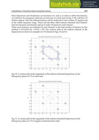 Classification of Emotional Stress Using Brain Activity 329
Since bispectrum and bicoherence are functions of f1 and f2, in order to define the features,
we will have five frequency intervals on each axis, as can be seen in Fig. 9. We will have 15
distinct regions. Then the defined features will be analyzed in each of these 15 regions and
in the whole frequency range. These and the three other features obtained from Hinich’s
tests for Gaussian and linearity add up to make 7 features for each channel.
These seven features are extracted for each channel, so the total number of features by this
method is: [5×4×(15+1)] + [5×3] = 335. The contour plots of the indirect estimate of the
bispectrum are shown as examples for T3 channel in Figs. 10 and 11.
Fig. 10. A contour plot of the magnitude of the indirect estimated bispectrum on the
bifrequency plane, for T3 in calm state
Fig. 11. A contour plot of the magnitude of the indirect estimated bispectrum on the
bifrequency plane, for T3 in negative emotional stress state
 