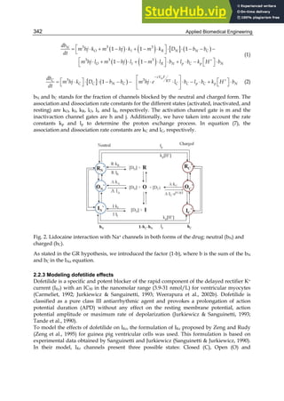 Applied Biomedical Engineering
342
       
    
 
            
 
   
           
 
 
3 3 3
3 3 3
1 1 1
1 1
N
O I R N N C
O I R N p C p N
db
m hj k m hj k m k D b b
dt
m hj l m hj l m l b l b k H b
(1)
   


 
   
             
 
   
 
3 3
1
m
zV F
C RT
C C N C C C p C p N
db
m hj k D b b m hj e l b l b k H b
dt
(2)
bN and bC stands for the fraction of channels blocked by the neutral and charged form. The
association and dissociation rate constants for the different states (activated, inactivated, and
resting) are kO, kI, kR, lO, lI, and lR, respectively. The activation channel gate is m and the
inactivaction channel gates are h and j. Additionally, we have taken into account the rate
constants kp and lp to determine the proton exchange process. In equation (7), the
association and dissociation rate constants are kC and lC, respectively.
Fig. 2. Lidocaine interaction with Na+ channels in both forms of the drug: neutral (bN) and
charged (bC).
As stated in the GR hypothesis, we introduced the factor (1-b), where b is the sum of the bN
and bC in the INa equation.
2.2.3 Modeling dofetilide effects
Dofetilide is a specific and potent blocker of the rapid component of the delayed rectifier K+
current (IKr) with an IC50 in the nanomolar range (3.9-31 nmol/L) for ventricular myocytes
(Carmeliet, 1992; Jurkiewicz  Sanguinetti, 1993; Weerapura et al., 2002b). Dofetilide is
classified as a pure class III antiarrhythmic agent and provokes a prolongation of action
potential duration (APD) without any effect on the resting membrane potential, action
potential amplitude or maximum rate of depolarization (Jurkiewicz  Sanguinetti, 1993;
Tande et al., 1990).
To model the effects of dofetilide on IKr, the formulation of IKr proposed by Zeng and Rudy
(Zeng et al., 1995) for guinea pig ventricular cells was used. This formulation is based on
experimental data obtained by Sanguinetti and Jurkiewicz (Sanguinetti  Jurkiewicz, 1990).
In their model, IKr channels present three possible states: Closed (C), Open (O) and
 