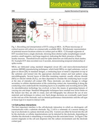 Applied Biomedical Engineering
390
Fig. 1. Recording and interpretation of EVTs using an MEA. A) Phase microscopy of
cortical neuron cell culture on commercially available MEA. B) Schematic representation
of potential neuron locations relative to contact pad on MEA. C) Example segments of
EVT recorded from a single electrode, showing three distinct spike morphologies (small-
positive, small-negative, and large-negative), indicating the likely presence of three
nearby neurons. Threshold levels used for spike detection are indicated by black dashes.
D) Example EVT data recorded over 2 seconds, demonstrating temporal relationship of
spike events.
MEAs are fabricated using standard integrated circuit (IC) and micro-electromechanical
systems (MEMS) manufacturing techniques, which build MEAs on rigid substrates, such as
glass or silicon [29]. In standard designs, a conducting layer of metal is deposited on top of
the substrate and formed into the appropriate electrode contact and lead pattern using
microlithography. Several layers of thin-film insulating material, usually silicone dioxide
(SiO2) or silicone nitride (SixNy), are then deposited to insulate the conducting layer except
at the sites of intended cell contact [30]. These electrodes can detect changes in voltage
secondary to cellular depolarization at the conducting contact site, transmitting it along the
conducting wires underneath the insulating layers to an amplifier and recording device [29].
As microfabrication technology has evolved, so have the means of generating features of
varying size and shape. Standard lithographic techniques have reached new lower limits on
the feature size they are able to create, and soft lithography has allowed the use of new
materials and techniques to reduce cost. Such design decisions are eventually made based
on the end use of the electrode, such as desired performance characteristics and the cell type
or tissue type it is meant to interact with.
1.4 Cell-surface interactions
The first important interface is the cell-electrode interaction in which an electrogenic cell
communicates with a substrate electrode. Fig. 2 A-B is a schematic of a neuron resting on
top of an electrode in a planar electrode array [31]. Current can either be forced into the cell
by the electrode, or cellular depolarizations can be detected by the electrode, depending on
whether the electrode is stimulating or recording from the associated tissue. In Figure 2 the
current originates in the cell and disperses into the culture environment and the electrode
contact pad.
 