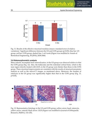 Applied Biomedical Engineering
30
Fig. 11. Results of the effective structural modulus (mean ± standard error of relative
variations), *significant difference between the US and CON groups (p<0.05), blue bar: US
group, red bar: CON group, dashed line: 1 at 0 week (Figure was modified in Annals of
Biomedical Engineering, 38 (2010), 2438-2446)
3.4 Histomorphometric analysis
More osteoid, incomplete bone mineralization, in the US group was observed relative to that
the CON group (Fig. 12). Also, the trabeculae and the endosteal cortical bone, which is the
near region directly treated with LIUS, in the US group were thicker than those in the CON
group. These structural improvements are consistent with the results of structural parameter
analysis as well as the micro-CT images, as mentioned above. Moreover, the number of
osteocyte in the US group was significantly higher than that in the CON group (Fig. 13,
p<0.05).
Fig. 12. Representative histology in the US and CON group, yellow arrow head: osteocyte,
yellow arrow: osteoid, black arrow: LIUS (Figure was modified in Journal of Orthopaedic
Research, 29(2011), 116-125).
 