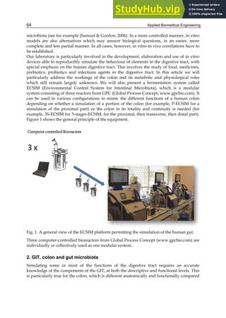 Applied Biomedical Engineering
64
microbiota (see for example (Samuel & Gordon, 2006). In a more controlled manner, in vitro
models are also alternatives which may answer biological questions, in an easier, more
complete and less partial manner. In all cases, however, in vitro-in vivo correlations have to
be established.
Our laboratory is particularly involved in the development, elaboration and use of in vitro
devices able to reproducibly simulate the behaviour of elements in the digestive tract, with
special emphasis on the human digestive tract. This involves the study of food, medicines,
prebiotics, probiotics and infectious agents in the digestive tract. In this article we will
particularly address the workings of the colon and its metabolic and physiological roles
which still remain largely unknown. We will also present a fermentation system called
ECSIM (Environmental Control System for Intestinal Microbiota), which is a modular
system consisting of three reactors from GPC (Global Process Concept, www.gpcbio.com). It
can be used in various configurations to mimic the different functions of a human colon
depending on whether a simulation of a portion of the colon (for example, P-ECSIM for a
simulation of the proximal part) or the colon in its totality and continuity is needed (for
example, 3S-ECSIM for 3-stages-ECSIM, for the proximal, then transverse, then distal part).
Figure 1 shows the general principle of the equipment.
Fig. 1. A general view of the ECSIM platform permitting the simulation of the human gut.
Three computer-controlled bioreactors from Global Process Concept (www.gpcbio.com) are
individually or collectively used as one modular system.
2. GIT, colon and gut microbiota
Simulating some or most of the functions of the digestive tract requires an accurate
knowledge of the components of the GIT, at both the descriptive and functional levels. This
is particularly true for the colon, which is different anatomically and functionally compared
 