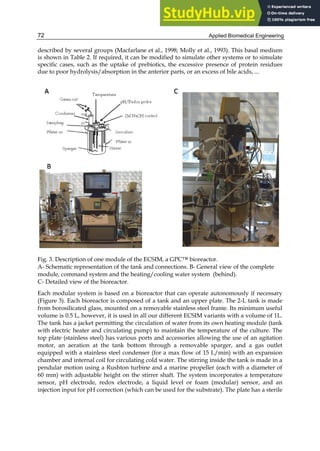 Applied Biomedical Engineering
72
described by several groups (Macfarlane et al., 1998; Molly et al., 1993). This basal medium
is shown in Table 2. If required, it can be modified to simulate other systems or to simulate
specific cases, such as the uptake of prebiotics, the excessive presence of protein residues
due to poor hydrolysis/absorption in the anterior parts, or an excess of bile acids, ...
Fig. 3. Description of one module of the ECSIM, a GPC™ bioreactor.
A- Schematic representation of the tank and connections. B- General view of the complete
module, command system and the heating/cooling water system (behind).
C- Detailed view of the bioreactor.
Each modular system is based on a bioreactor that can operate autonomously if necessary
(Figure 3). Each bioreactor is composed of a tank and an upper plate. The 2-L tank is made
from borosilicated glass, mounted on a removable stainless steel frame. Its minimum useful
volume is 0.5 L, however, it is used in all our different ECSIM variants with a volume of 1L.
The tank has a jacket permitting the circulation of water from its own heating module (tank
with electric heater and circulating pump) to maintain the temperature of the culture. The
top plate (stainless steel) has various ports and accessories allowing the use of an agitation
motor, an aeration at the tank bottom through a removable sparger, and a gas outlet
equipped with a stainless steel condenser (for a max flow of 15 L/min) with an expansion
chamber and internal coil for circulating cold water. The stirring inside the tank is made in a
pendular motion using a Rushton turbine and a marine propeller (each with a diameter of
60 mm) with adjustable height on the stirrer shaft. The system incorporates a temperature
sensor, pH electrode, redox electrode, a liquid level or foam (modular) sensor, and an
injection input for pH correction (which can be used for the substrate). The plate has a sterile
 