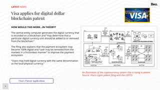 8
LATEST NEWS
Visa applies for digital dollar
blockchain patent
HOW WOULD THIS WORK…IN THEORY?
The central entity computer generates the digital currency that
is recorded on a blockchain and “may determine that a
particular digital currency unit should be added to or removed
from the blockchain.”
The filing also explains that the payment ecosystem may
become 100% digital and “cash may be removed from the
markets in a frictionless manner” to improve the payment
ecosystem.
“Users may hold digital currency with the same denomination
as the local physical currency.”
Visa’s Patent Application
An illustration of the cryptocurrency system Visa is trying to patent.
Source: Visa’s crypto patent filing with the USPTO.
 