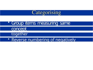 • Group items measuring same
concept
together
• Reverse numbering of negatively
worded questions
 