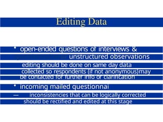• open-ended questions of interviews &
questionnairesor unstructured observations
editing should be done on same day data
collected so respondents (if not anonymous)may
be contacted for further info or clarification
• incoming mailed questionnai
e data
— inconsistencies that can be logically corrected
should be rectified and edited at this stage
 