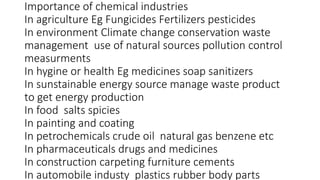 Importance of chemical industries
In agriculture Eg Fungicides Fertilizers pesticides
In environment Climate change conservation waste
management use of natural sources pollution control
measurments
In hygine or health Eg medicines soap sanitizers
In sunstainable energy source manage waste product
to get energy production
In food salts spicies
In painting and coating
In petrochemicals crude oil natural gas benzene etc
In pharmaceuticals drugs and medicines
In construction carpeting furniture cements
In automobile industy plastics rubber body parts
 