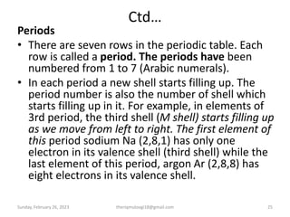 Ctd…
Periods
• There are seven rows in the periodic table. Each
row is called a period. The periods have been
numbered from 1 to 7 (Arabic numerals).
• In each period a new shell starts filling up. The
period number is also the number of shell which
starts filling up in it. For example, in elements of
3rd period, the third shell (M shell) starts filling up
as we move from left to right. The first element of
this period sodium Na (2,8,1) has only one
electron in its valence shell (third shell) while the
last element of this period, argon Ar (2,8,8) has
eight electrons in its valence shell.
Sunday, February 26, 2023 theriqmuloogi18@gmail.com 25
 