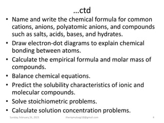 …ctd
• Name and write the chemical formula for common
cations, anions, polyatomic anions, and compounds
such as salts, acids, bases, and hydrates.
• Draw electron-dot diagrams to explain chemical
bonding between atoms.
• Calculate the empirical formula and molar mass of
compounds.
• Balance chemical equations.
• Predict the solubility characteristics of ionic and
molecular compounds.
• Solve stoichiometric problems.
• Calculate solution concentration problems.
Sunday, February 26, 2023 4
theriqmuloogi18@gmail.com
 