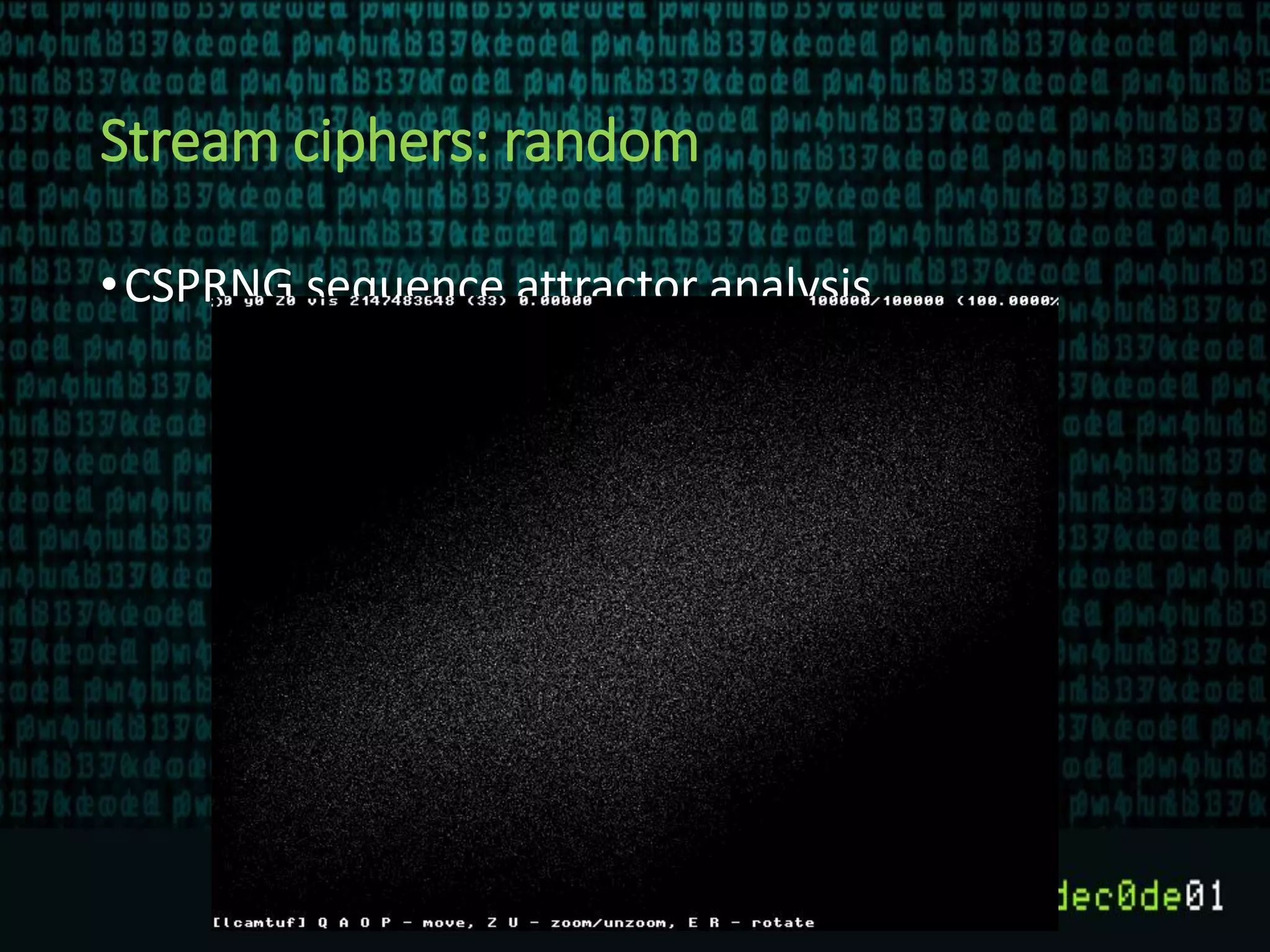 Stream ciphers: random
•CSPRNG sequence attractor analysis
 