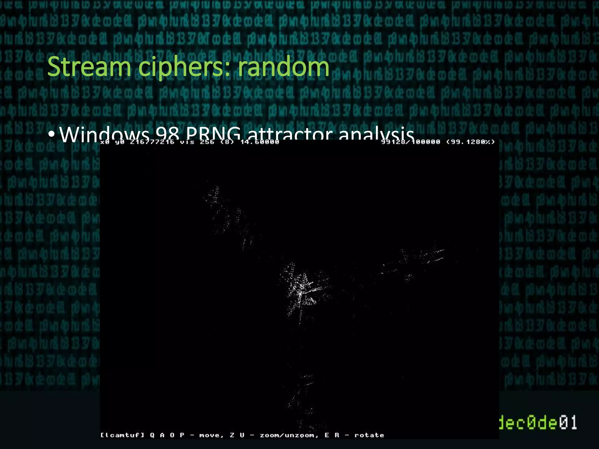 Stream ciphers: random
•Windows 98 PRNG attractor analysis
 