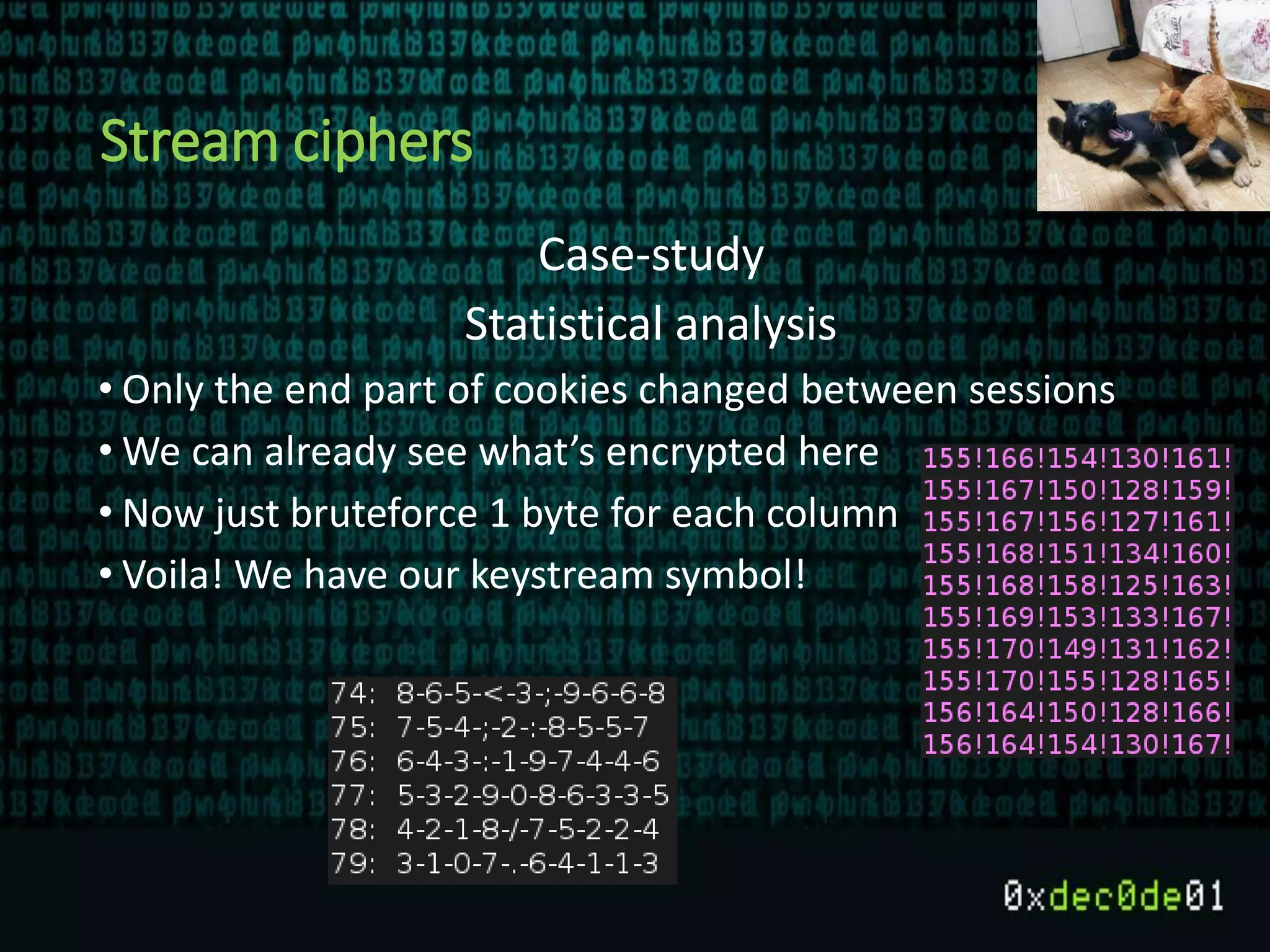 Stream ciphers
Case-study
Statistical analysis
• Only the end part of cookies changed between sessions
• We can already see what’s encrypted here
• Now just bruteforce 1 byte for each column
• Voila! We have our keystream symbol!
 