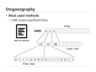 Steganography
§  Most used methods
§  LSB (Least significant bits)
p u b
112 117 98
string
0 0 0 1 1 10 1 1 1 0 0
8 bits / byte
1 byte / char
text to conceal
0 0 1 1
 