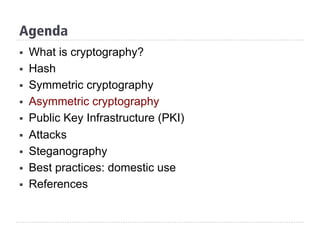 Agenda
§  What is cryptography?
§  Hash
§  Symmetric cryptography
§  Asymmetric cryptography
§  Public Key Infrastructure (PKI)
§  Attacks
§  Steganography
§  Best practices: domestic use
§  References
 