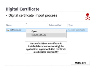 §  Digital certificate import process
N
Digital Certificate
Method #1
Be careful: When a certificate is
installed (becomes trustworthy) the
applications signed with that certificate
also become trustworthy
 