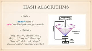 HASH ALGORITHMS
< Code >
importhashlib
print(hashlib.algorithms_guaranteed)
< Output >
{'md5', 'sha256', 'blake2b', 'sha1',
'sha3_512', 'sha3_224', 'shake_256',
'sha3_256', 'shake_128', 'sha512',
'sha224', 'sha384', 'blake2s', 'sha3_384'}
 