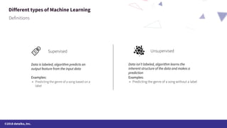 ©2018 dataiku, Inc.
Different types of Machine Learning
Data is labeled, algorithm predicts an
output feature from the input data
Data isn’t labeled, algorithm learns the
inherent structure of the data and makes a
prediction
Examples: Examples:
 
