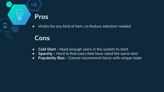Pros
● Works for any kind of item, no feature selection needed
Cons
● Cold Start - Need enough users in the system to start
● Sparsity - Hard to find users that have rated the same item
● Popularity Bias - Cannot recommend items with unique taste
 
