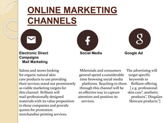 ONLINE MARKETING
CHANNELS
Electronic Direct Social Media Google Ad
Campaigns
Mail Marketing
Salons and stores looking Milennials and consumers The advertising will
for organic natural skin general spend a considerable target specific
care products to use providing time browsing social media keywords to
their services stand out prominently platforms. Reaching to them Brilliant offering
as viable marketing targets for through this channel will be [ e.g. professional
this channel. Brilliant will an effective way to capture skin care”, aesthetic
mail professionally designed attention and position its products”, Dingalan
materials with its value proposition services. Skincare products.”]
to these companies and provide
quotes for promotion
merchandise printing services.
 