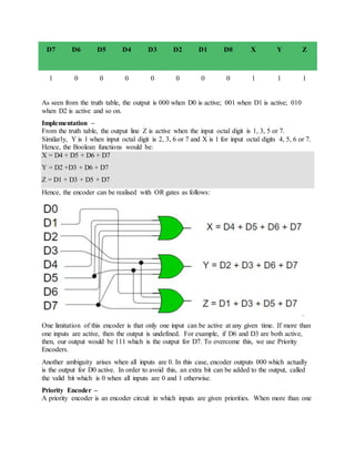 D7 D6 D5 D4 D3 D2 D1 D0 X Y Z
1 0 0 0 0 0 0 0 1 1 1
As seen from the truth table, the output is 000 when D0 is active; 001 when D1 is active; 010
when D2 is active and so on.
Implementation –
From the truth table, the output line Z is active when the input octal digit is 1, 3, 5 or 7.
Similarly, Y is 1 when input octal digit is 2, 3, 6 or 7 and X is 1 for input octal digits 4, 5, 6 or 7.
Hence, the Boolean functions would be:
X = D4 + D5 + D6 + D7
Y = D2 +D3 + D6 + D7
Z = D1 + D3 + D5 + D7
Hence, the encoder can be realised with OR gates as follows:
One limitation of this encoder is that only one input can be active at any given time. If more than
one inputs are active, then the output is undefined. For example, if D6 and D3 are both active,
then, our output would be 111 which is the output for D7. To overcome this, we use Priority
Encoders.
Another ambiguity arises when all inputs are 0. In this case, encoder outputs 000 which actually
is the output for D0 active. In order to avoid this, an extra bit can be added to the output, called
the valid bit which is 0 when all inputs are 0 and 1 otherwise.
Priority Encoder –
A priority encoder is an encoder circuit in which inputs are given priorities. When more than one
 