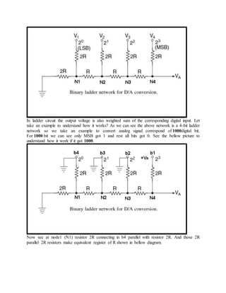 In ladder circuit the output voltage is also weighted sum of the corresponding digital input. Let
take an example to understand how it works? As we can see the above network is a 4-bit ladder
network so we take an example to convert analog signal correspond of 1000digital bit.
For 1000 bit we can see only MSB got 1 and rest all bits got 0. See the bellow picture to
understand how it work if it got 1000.
Now see at node1 (N1) resistor 2R connecting in b4 parallel with resistor 2R. And those 2R
parallel 2R resistors make equivalent register of R shown in bellow diagram.
 