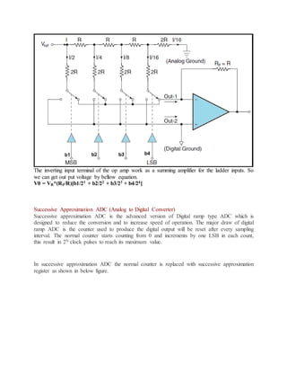 The inverting input terminal of the op amp work as a summing amplifier for the ladder inputs. So
we can get out put voltage by bellow equation.
V0 = VR*(RF/R)[b1/21 + b2/22 + b3/23 + b4/24]
Successive Approximation ADC (Analog to Digital Converter)
Successive approximation ADC is the advanced version of Digital ramp type ADC which is
designed to reduce the conversion and to increase speed of operation. The major draw of digital
ramp ADC is the counter used to produce the digital output will be reset after every sampling
interval. The normal counter starts counting from 0 and increments by one LSB in each count,
this result in 2N clock pulses to reach its maximum value.
In successive approximation ADC the normal counter is replaced with successive approximation
register as shown in below figure.
 