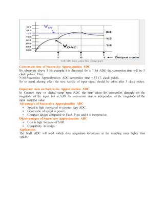 SAR ADC input output flow voltage graph
Conversion time of Successive Approximation ADC
By observing above 3 bit example it is illustrated for a 3 bit ADC the conversion time will be 3
clock pulses. Then;
N bit Successive Approximation ADC conversion time = 3T (T- clock pulse).
So to avoid aliasing effect the next sample of input signal should be taken after 3 clock pulses.
Important note on Successive Approximation ADC
In Counter type or digital ramp type ADC the time taken for conversion depends on the
magnitude of the input, but in SAR the conversion time is independent of the magnitude of the
input sampled value.
Advantages of Successive Approximation ADC
 Speed is high compared to counter type ADC.
 Good ratio of speed to power.
 Compact design compared to Flash Type and it is inexpensive.
Disadvantages of Successive Approximation ADC
 Cost is high because of SAR
 Complexity in design.
Applications
The SAR ADC will used widely data acquisition techniques at the sampling rates higher than
10KHz
 